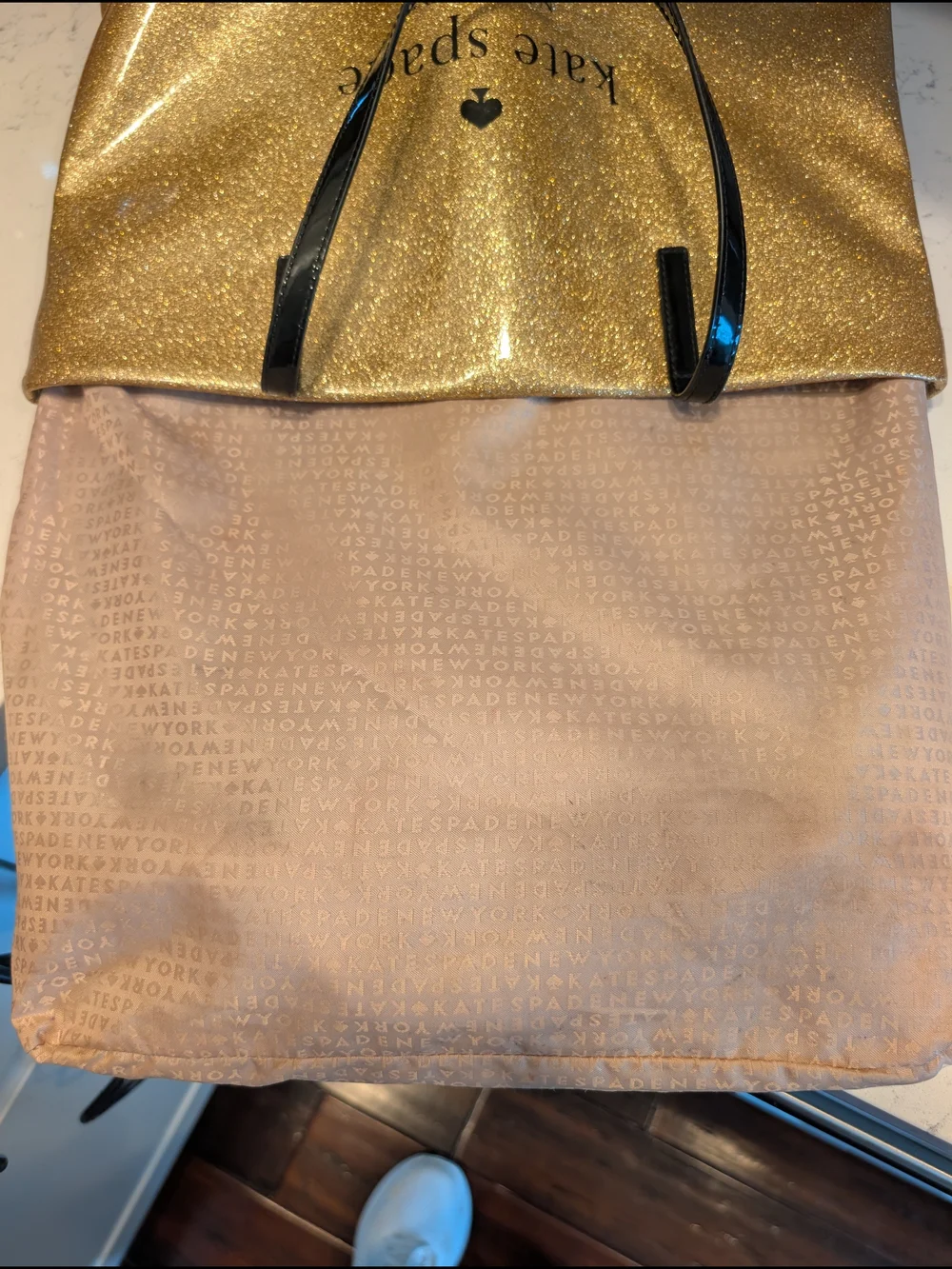 Kate Spade New York Bon Glitter Gold Tote with Patent Leather Handles